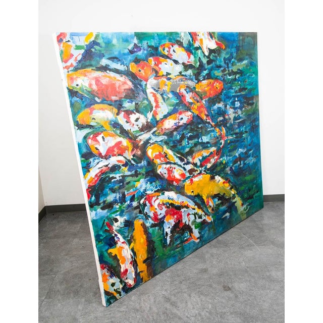 Abstract Mid 20th Century Oil Painting Koi Fish Textured Signed Romero Abstract Large 6'x7' For Sale - Image 3 of 12