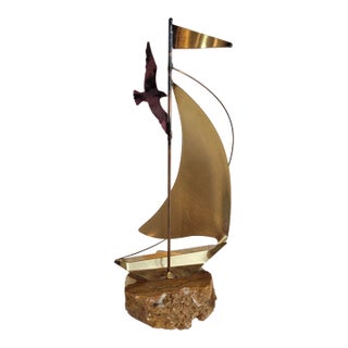 Vintage MCM Brass Marble Based Signed Sailboat Figurine For Sale