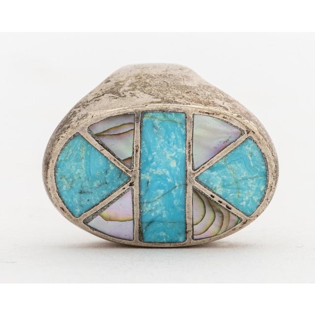 Rustic Vintage Southwestern Silver, Turquoise & Shell Ring For Sale - Image 3 of 7