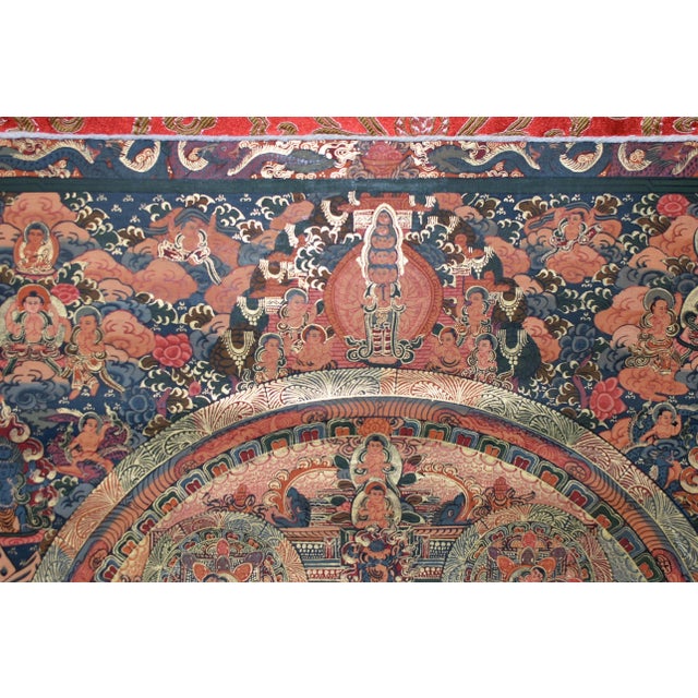 An exquisite hand painted Tibetan Thangka depicting 63 Buddhas with consorts and 5 protector Vajrabhairavas. Buddha seated...