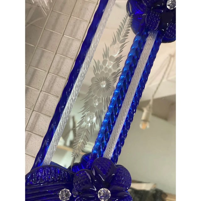 Italian Venetian Octagonal Murano Glass Wall Mirror With Blue Floral Hand-Carved Detailing For Sale - Image 6 of 8