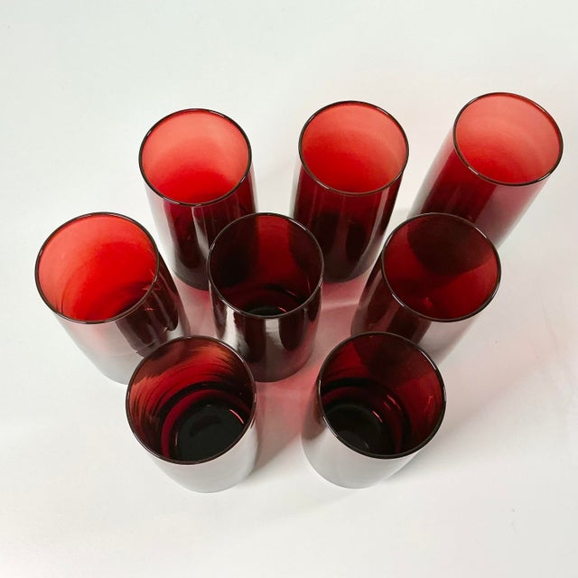Glass 1940s Vintage Art Deco Boho Chic Hollywood Regency Ruby Red Tumbler Glasses - Set of 8 For Sale - Image 7 of 9