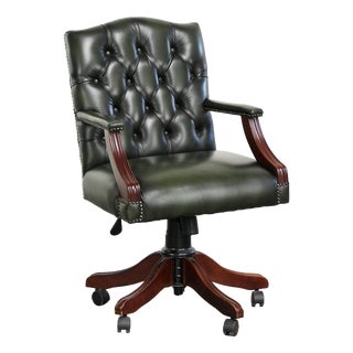 Chesterfield English Height Adjustable Green Cowhide Leather Office Chair with Swivel and Tilt Function For Sale