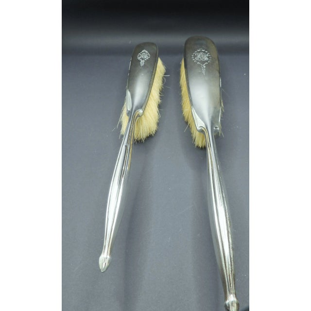 Antique 1888-1910 Art Deco La Pierre Sterling Silver Dresser Set Hand Mirror Brushes Jars - Set of 10 For Sale - Image 4 of 13