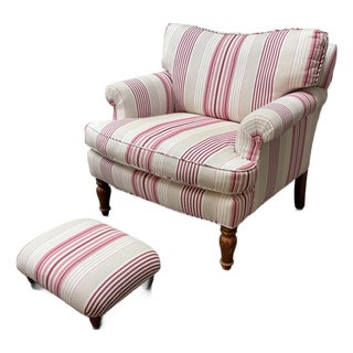 Traditional Striped Armchair + Ottoman For Sale