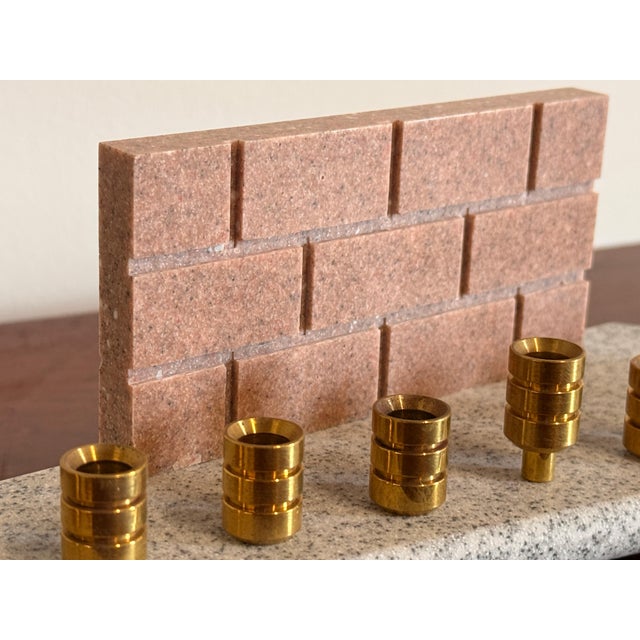 Religious Vintage Stone and Brass Hanukkah Menorah With Western Wall Design For Sale - Image 3 of 6