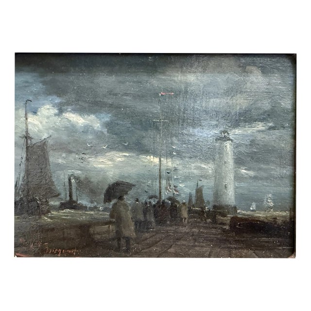 Meyer Wiegand Rolf Dieter, North Sea Harbor Pier with Lighthouse in the Rain, 1970, Oil on Canvas For Sale