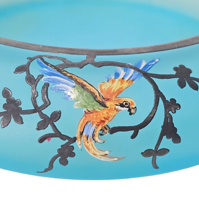 Exquisite 1910s Art Nouveau Blue Satin Glass Bowl – Silver Overlay & Parrot Motif For Sale - Image 4 of 7
