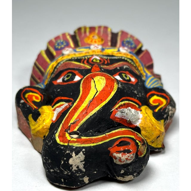 Yellow Mid 20th Century Nepalese Hindu Ganesh Papier Mache Mask, Hand Painted Miniature For Sale - Image 8 of 10
