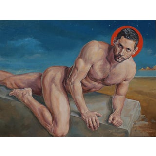 Blake of Night by John Tarantola | Oil on panel of a nude male figure with a halo For Sale