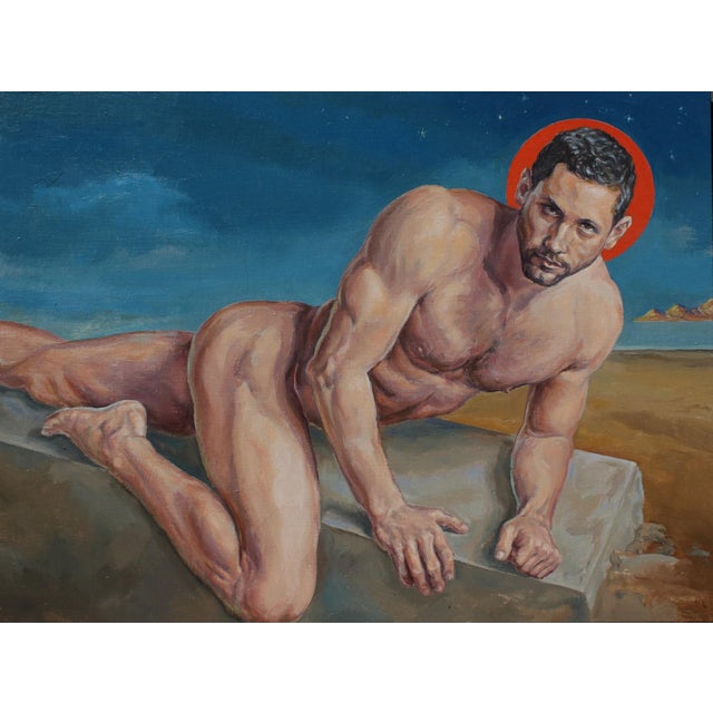 Blake of Night by John Tarantola | Oil on panel of a nude male figure with a halo For Sale