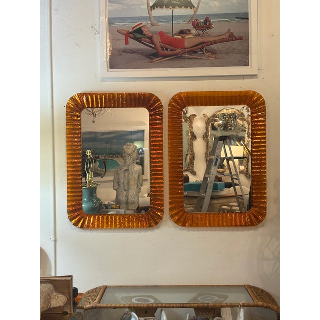 Vintage Italian Glass Pair of Orange Scalloped Wavy Wall Mirrors by Linea Vetro For Sale - Image 15 of 16