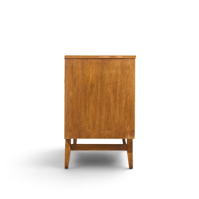 Broyhill Brasilia Broyhill Brasilia Mid Century Walnut and Brass 9 Drawer Lowboy Dresser For Sale - Image 4 of 9