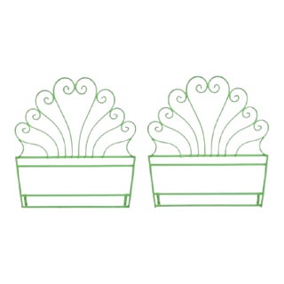 Vintage Iron Bright Green Scroll Palm Beach Regency Twin Size Headboards- A Pair For Sale