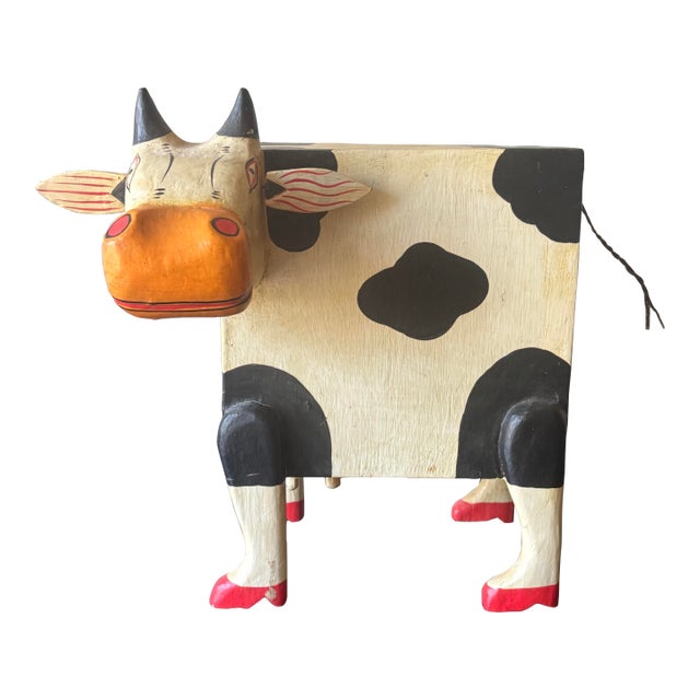 Vintage Hand Painted Folk Art Cow Bank Whimsical Wood Animal Sculpture For Sale