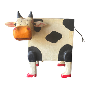 Vintage Hand Painted Folk Art Cow Bank Whimsical Wood Animal Sculpture