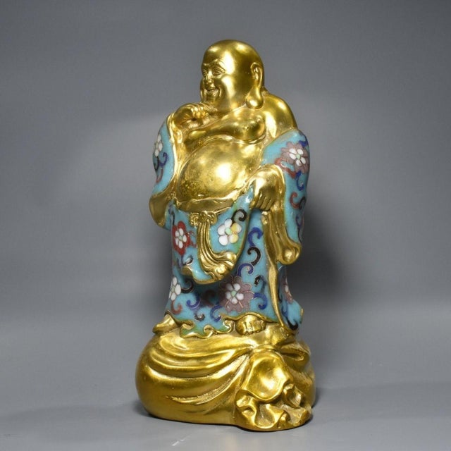 Handmade standing laughing buddha figurine crafted from copper base with hand-wire cloisonné enamel decoration and gilded...