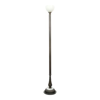 Mid 20th Century Restored Art Deco Brass Milk Glass Torchiere Floor Lamp For Sale