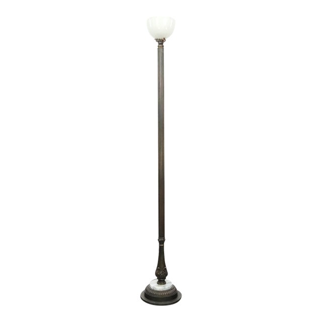 Mid 20th Century Restored Art Deco Brass Milk Glass Torchiere Floor Lamp For Sale