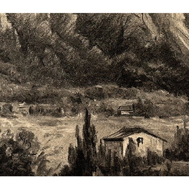 This exquisite early 1900s antique charcoal drawing captures a breathtaking mountainside and valley with a small homestead...
