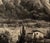 This exquisite early 1900s antique charcoal drawing captures a breathtaking mountainside and valley with a small homestead...