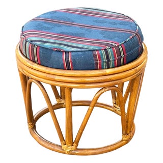 1950s Restored Rattan Footstool With Striped Jacquard Navy Cushion For Sale