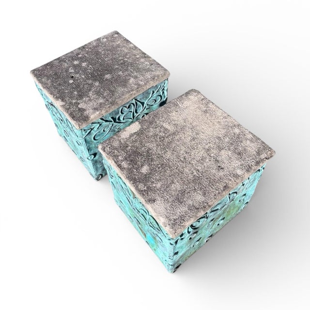 Late 20th Century Late 20th Century Sculpted Verdigris Copper and Concrete Side Tables - A Pair For Sale - Image 5 of 6