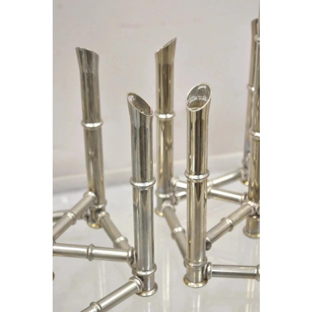 Vintage Hollywood Regency Silver Plated Chrome Faux Bamboo Candlesticks - A Pair For Sale - Image 4 of 11