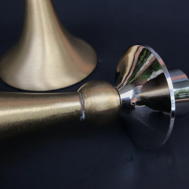 Metal Mid-Century Brushed Brass and Silver Candle Holders - a Pair For Sale - Image 7 of 8