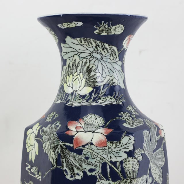 Pair of Chinese Mid-20th Century Famille Rose Cobalt Blue Hexagonal Vases For Sale - Image 10 of 14