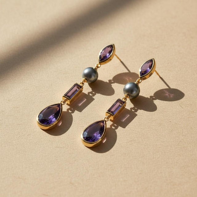 Amethyst & Pearl Drop Earrings Studs, Silver, Gold, Pair For Sale - Image 4 of 8