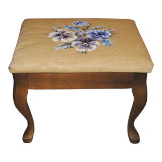 Mid 20th Century Vintage Pansies Needlepoint Ottoman Footstool For Sale
