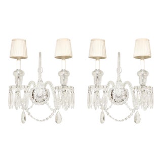 Pair of Neoclassical Two-Arm Crystal Sconces W/ White Shades Manner of Baccarat For Sale