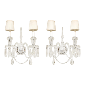 Pair of Neoclassical Two-Arm Crystal Sconces W/ White Shades Manner of Baccarat