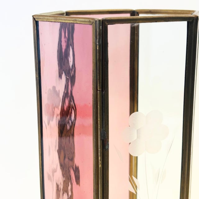Late 20th Century Tall Etched Glass and Brass Candle Holder For Sale - Image 5 of 10