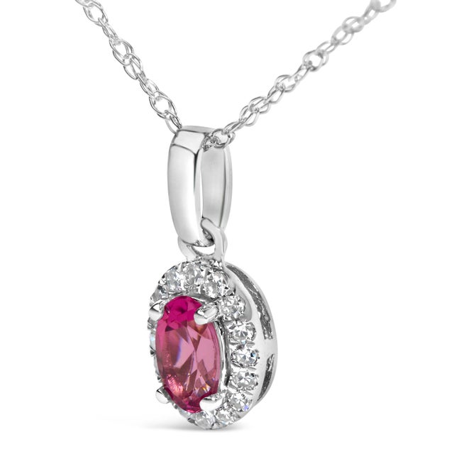 Contemporary 10K White Gold 5x3mm Pink Tourmaline and Diamond Accent Halo Oval Shape 18" Pendant Necklace (I-J Color, I1-I2 Clarity) For Sale - Image 3 of 5