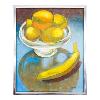 Banana and Citrus Still Life on Turquoise Ground - Maurine Manaro, C. 1983 For Sale