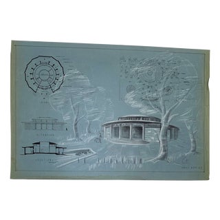 Janet Bentley, Round Pavilion / Aquarium Study Architectural Presentation Drawing, 1953, Mixed Media on Paper For Sale