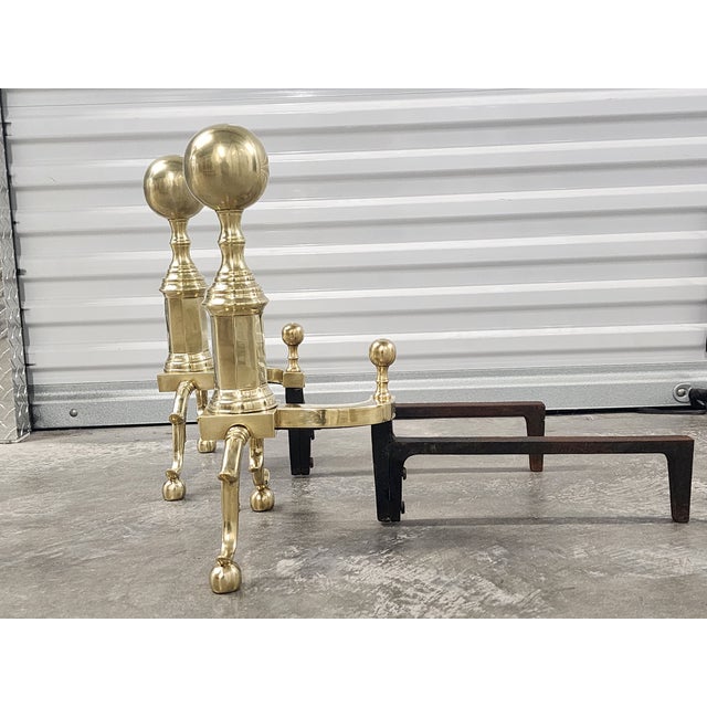Vintage Federal Style Large Brass Andirons - A Pair For Sale In New York - Image 6 of 13