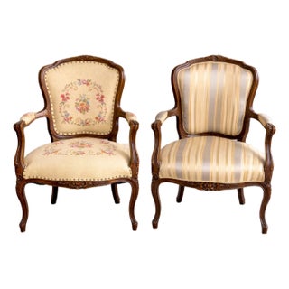 1960s Pair of French Louis-Style Armchairs With Hand-Carved Wood Frames For Sale