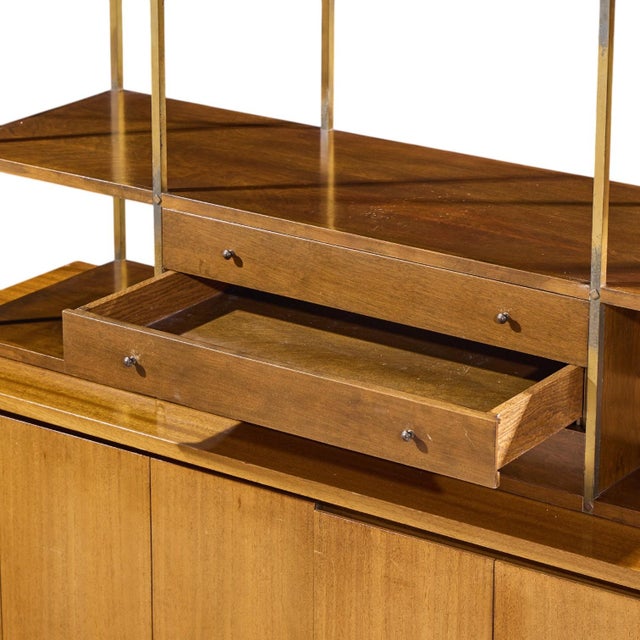 Wood Paul McCobb for Calvin Mid Century Walnut and Brass Room Divider Credenza With Hutch For Sale - Image 7 of 15