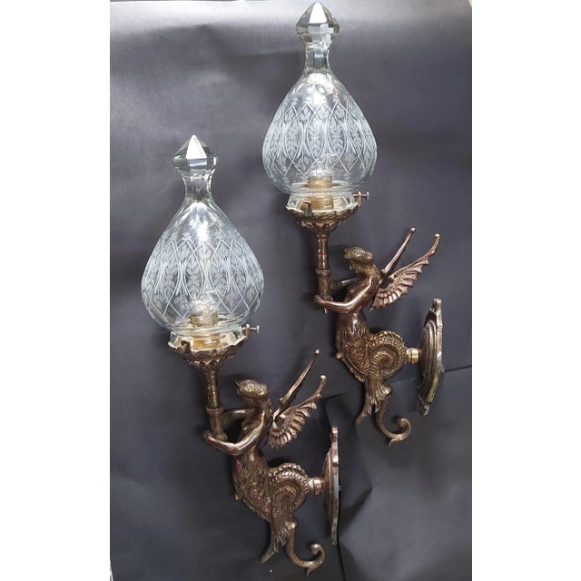 1940s Pair Vintage 1940s Art Nouveau Deco Mermaid Wall Sconces Fixture in Brass & Glass For Sale - Image 5 of 5
