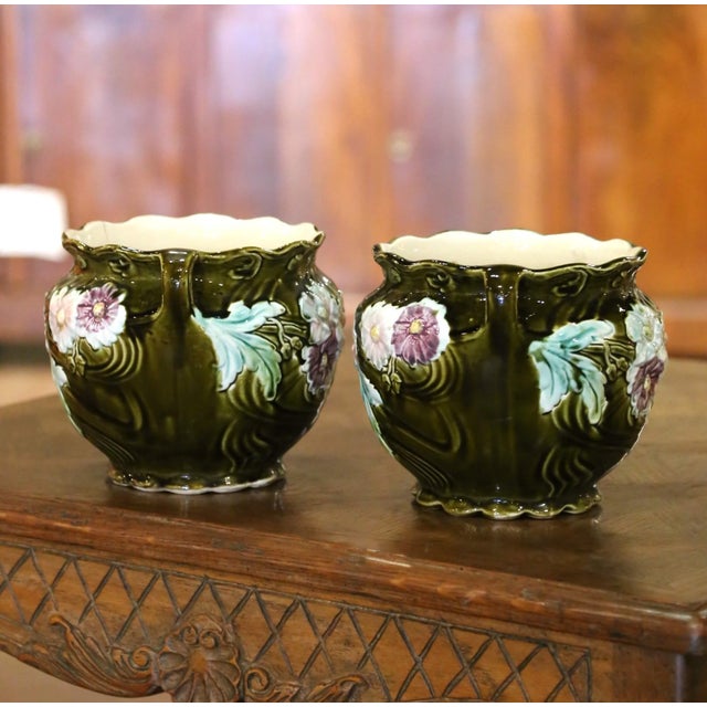 Celadon Late 19th Century French Barbotine Garniture by De Bruyn, Set of 3 For Sale - Image 8 of 12