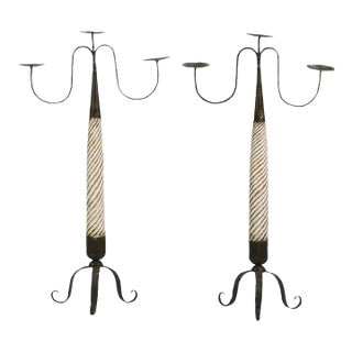 Spanish Baroque Style Twisted Wood & Iron Floor Candlesticks - Pair For Sale