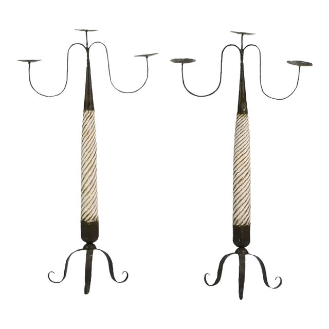 Spanish Baroque Style Twisted Wood & Iron Floor Candlesticks - Pair For Sale