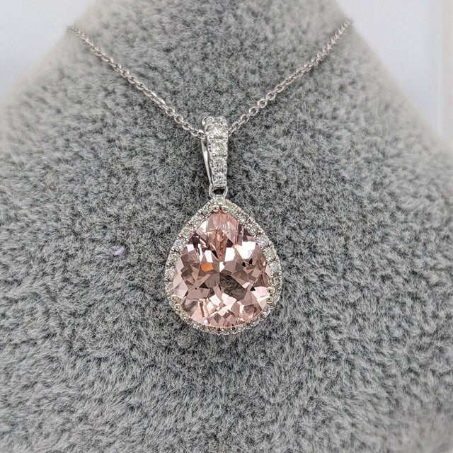 Peach Morganite Pendant With Diamond Accents: Solid 14k Gold, Pear Shape 11x9mm For Sale - Image 4 of 5