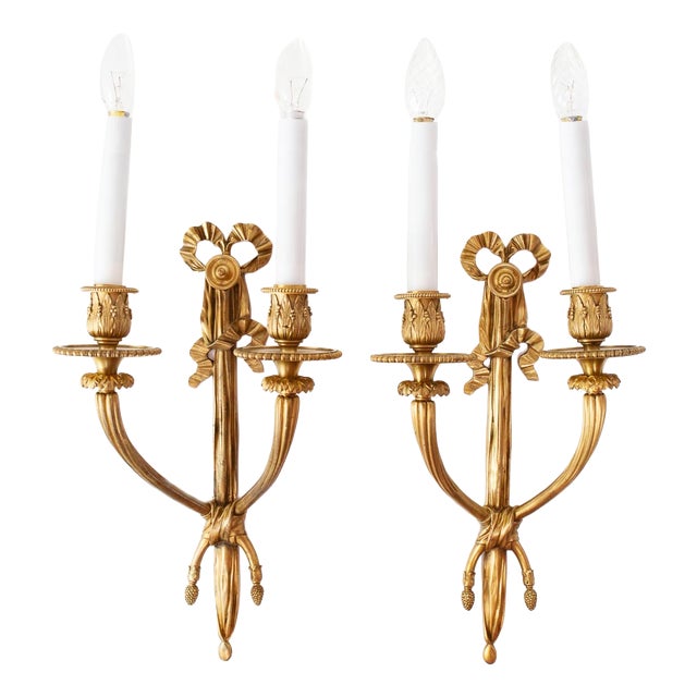 Large French Louis XVI Style Gilt Bronze Wall Sconces, 1890s, Set of 2 For Sale