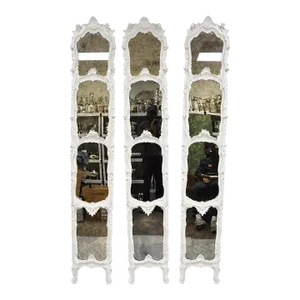 Antique French Rococo Louis XV White Carved Wood Tall Narrow Mirrors - Set of 3