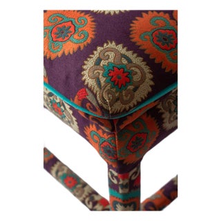 Pair of 1970's Milo Baughman Stretcher-Base Stools, Newly Upholstered in Etro's "Fergana Viola" Italian Paisley Jacquard For Sale