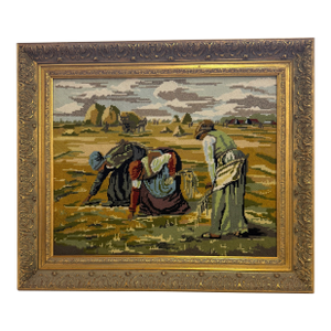 Vintage Rustic Farmhouse Framed Needlepoint Tapestry, The Gleaners Inspired Embroidery Art in Ornate Gold Frame Wall Decor
